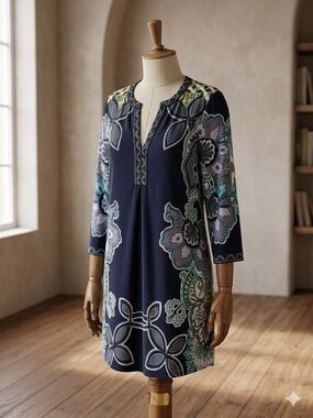 Hale Bob Black and Blue Boho Floral Dress NWT Size XL